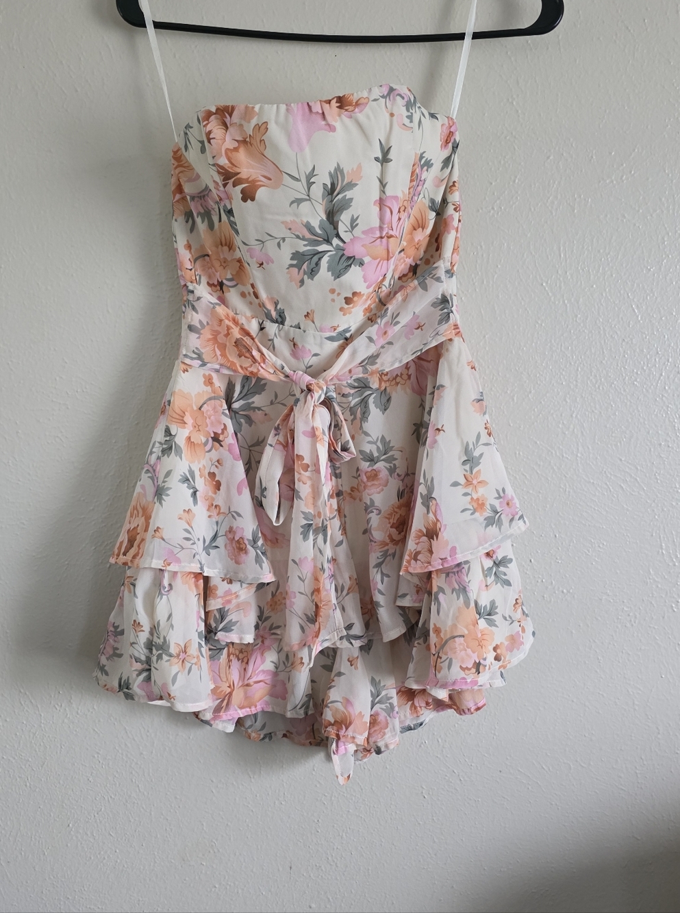 Floral Strapless Tiered Ruffle Romper- Peach & Pink - Picture 2 of 6